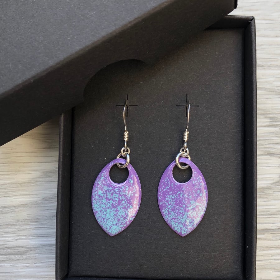 Purple and turquoise enamel scale earrings. Sterling silver. 