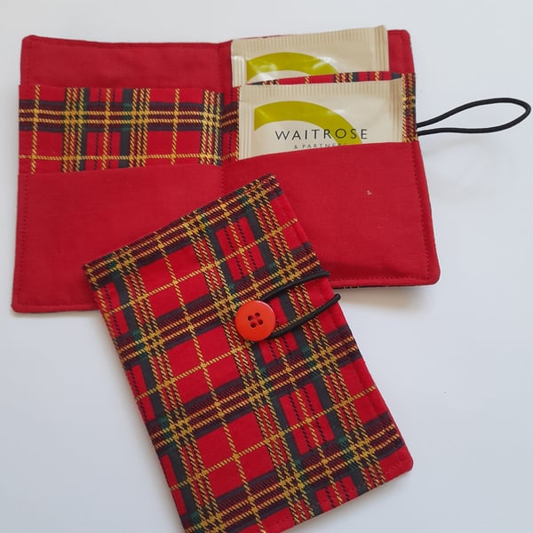 Red Tartan Design Tea Wallet, Travel tea wallet, Teabag holder,