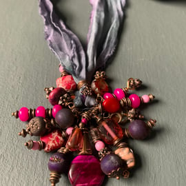 Gemstone Necklace - Plum colour Semi precious beaded cluster 