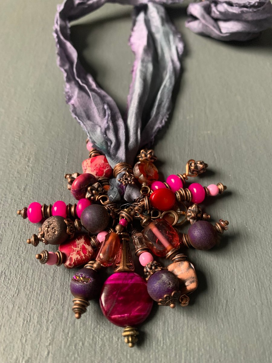 Gemstone Necklace - Plum colour Semi precious beaded cluster 