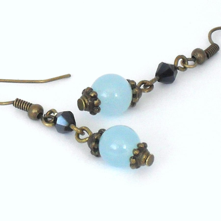 Blue aquamarine & jet crystal bronze earrings