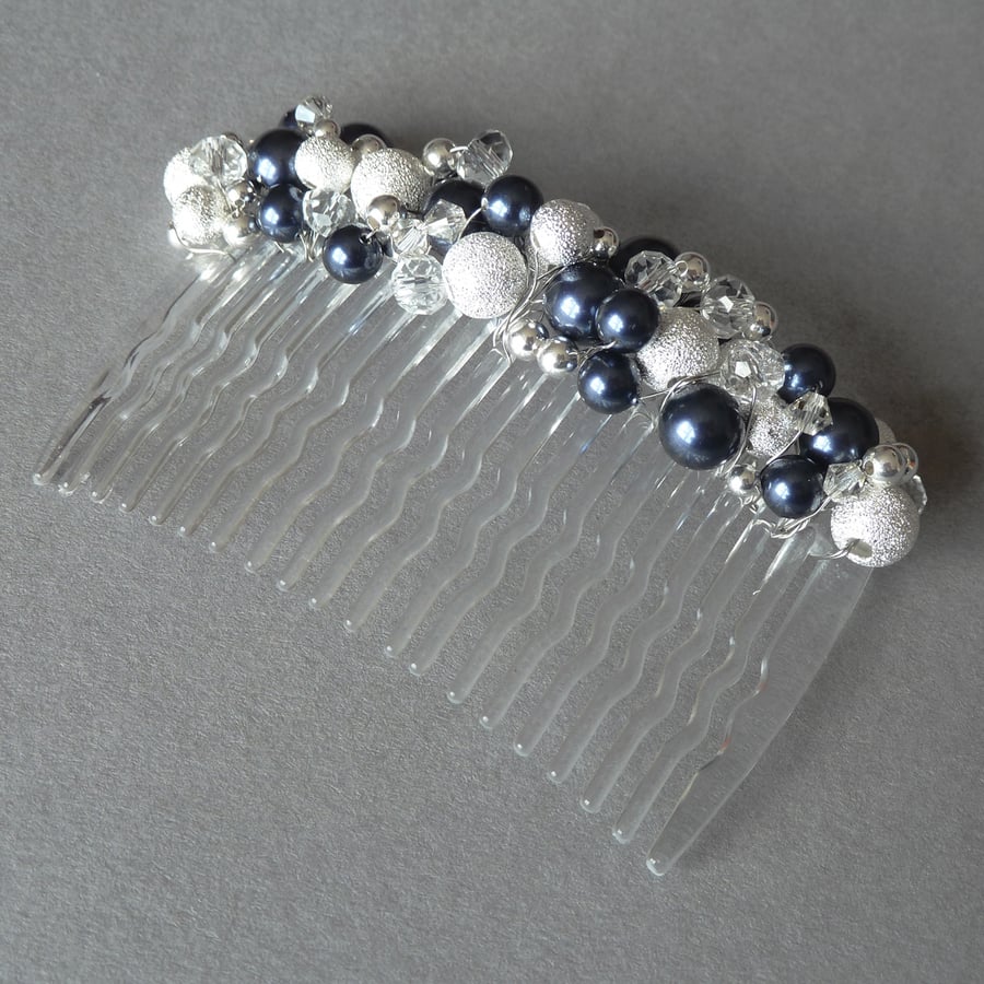 Navy Stardust Hair Comb - Dark Blue Pearl Hair Accessories - Wedding Fascinator