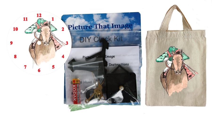 DIY 12cm Clock Kit Gift Set - Horse Racing in a Canvas Bag with a similar Motif