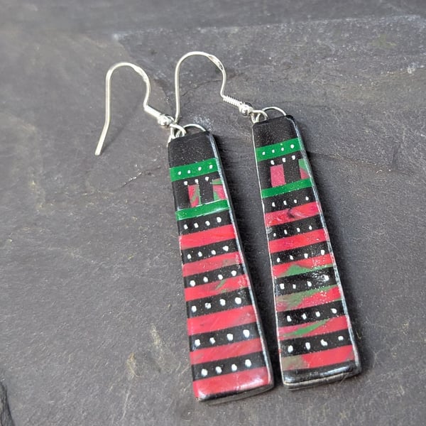 Red black stripe dangle earrings, modern with traditional vibe