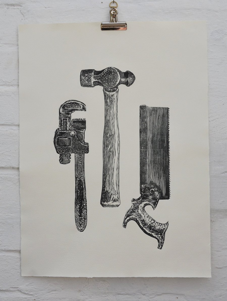 Vintage tools Original Linocut 