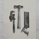 Vintage tools Original Linocut 
