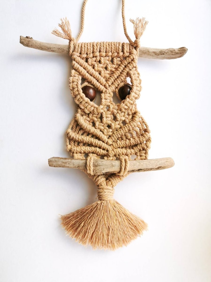 Macrame Owl Wall Hanging perched on driftwood, organic cotton home decor