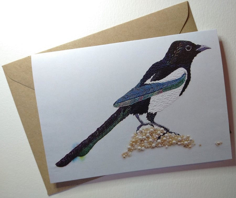 Magpie Embroidered Portrait Greetings Card