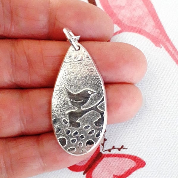 Embossed Robin Pendant Sterling Silver Hallmarked