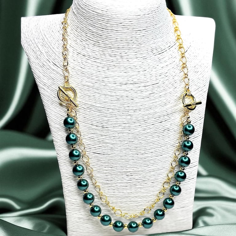 Elegant Glass Pearl necklace with chain and twin toggle features