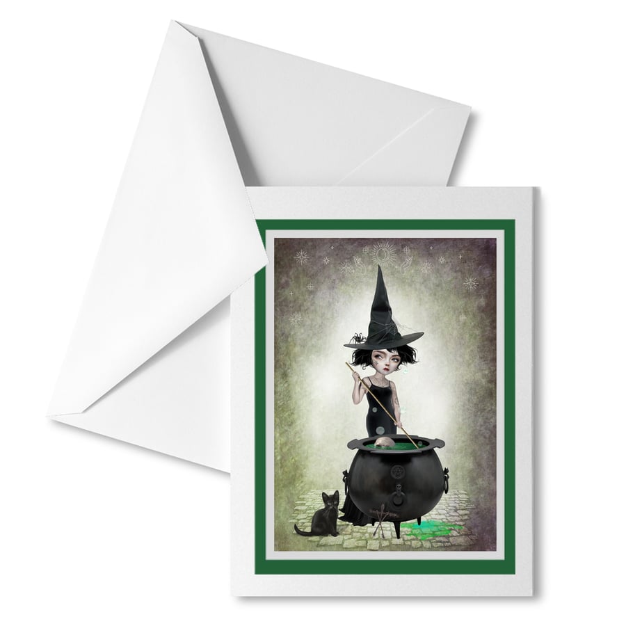 Witch And Cauldron Art Greeting Card - Boil And Bake