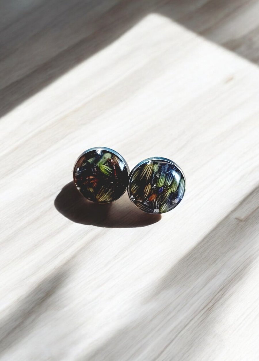 Real Lavender Stud Earrings, Stainless Steel Resin Earrings, Handmade Gift 