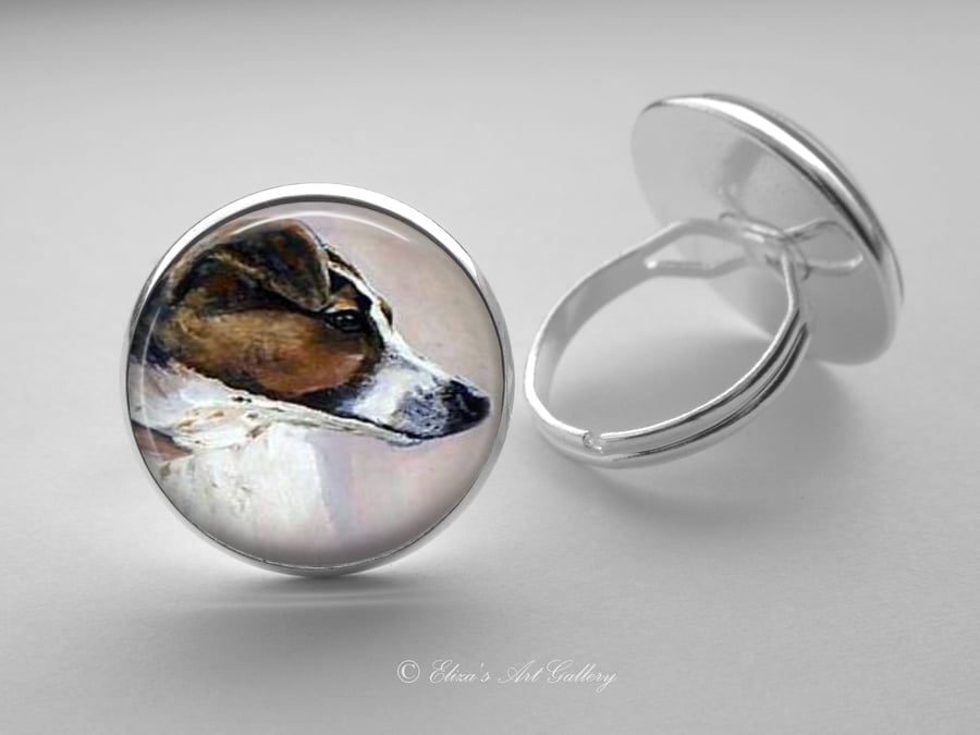 Silver Plated Jack Russell Terrier Dog Art Glass Cabochon Ring
