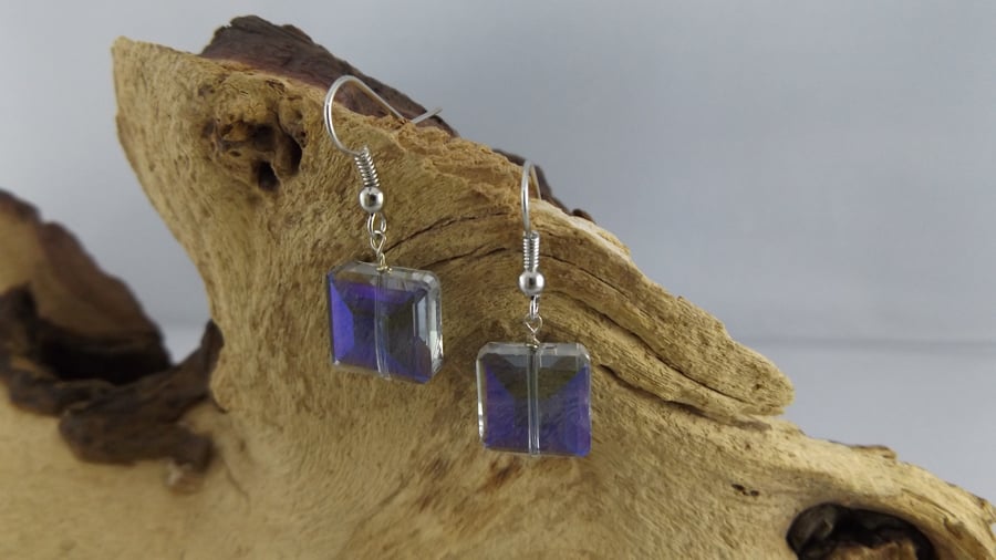 Glass faceted square purple blue earrings