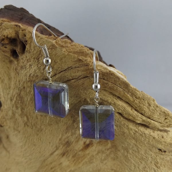 Glass faceted square purple blue earrings