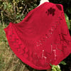 Unique Hand Knitted Crescent Heart Lace Shawl in Soft Red 