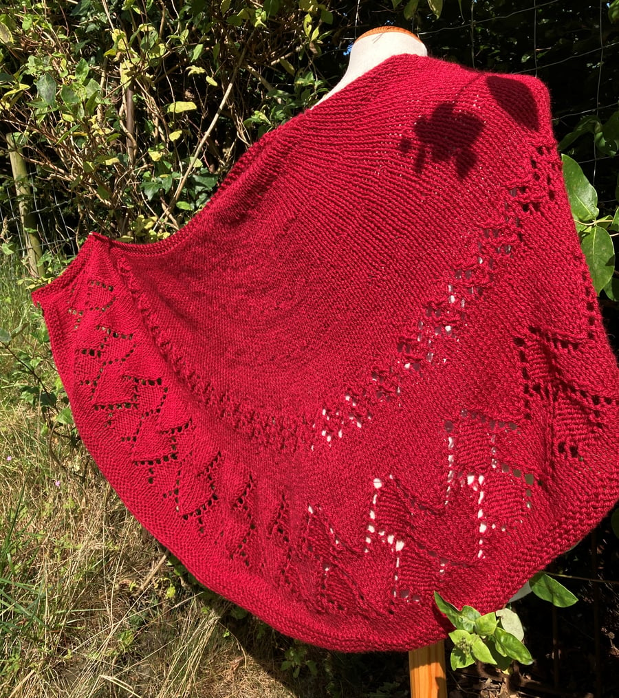 Unique Hand Knitted Crescent Heart Lace Shawl in Soft Red 