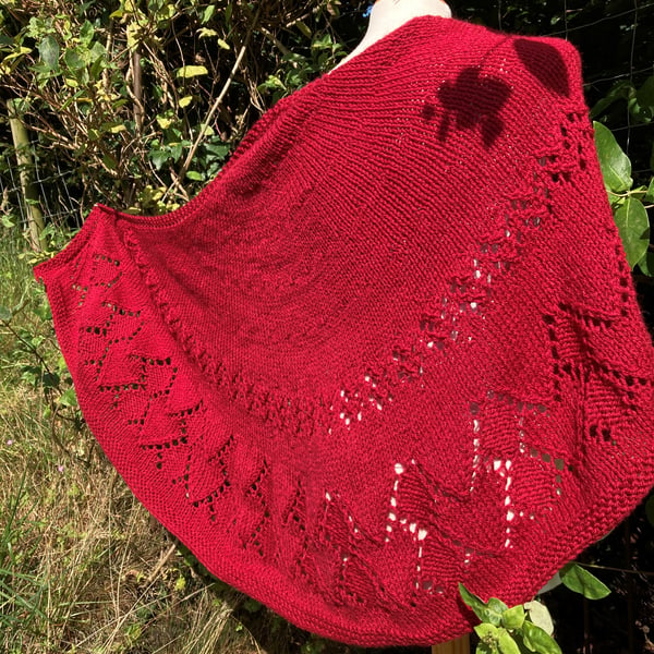 Unique Hand Knitted Crescent Heart Lace Shawl in Soft Red 