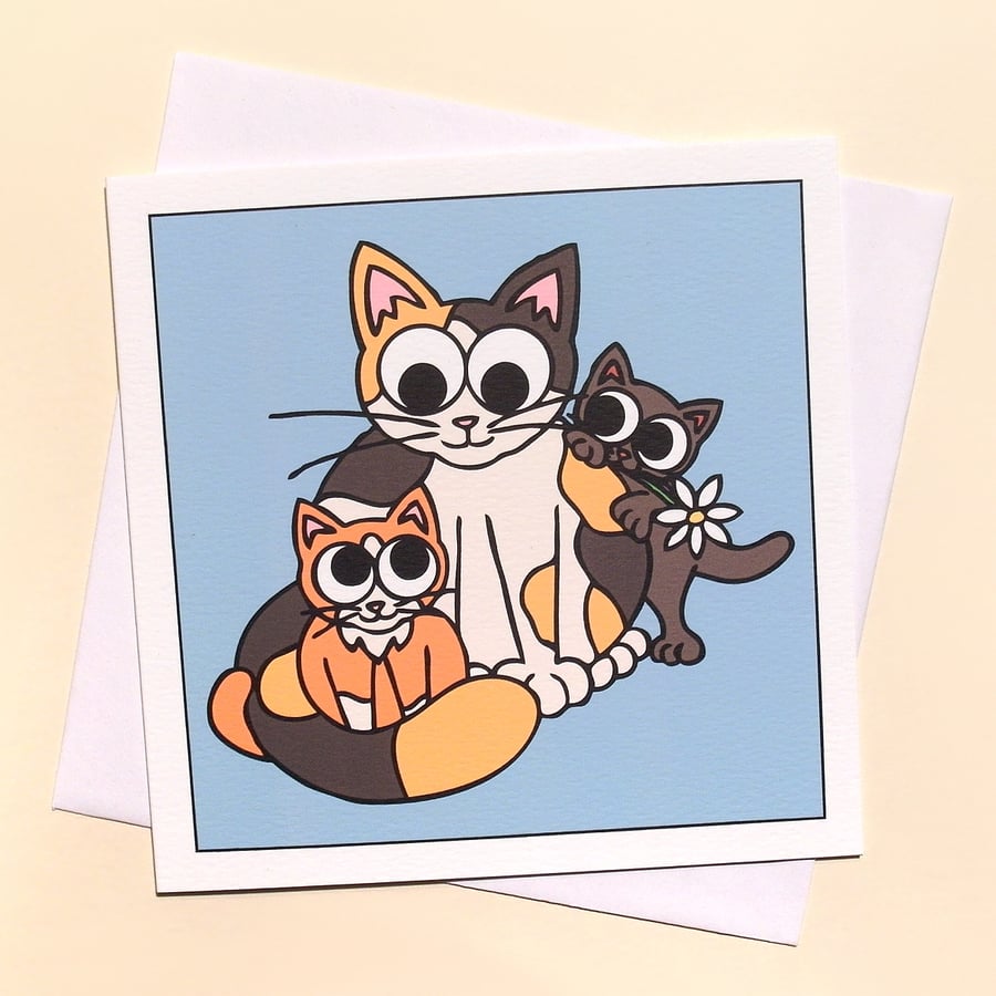 Cat Card with Cute Mother Cat and Kittens - blank inside Q-MCT