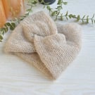 Knitted Headband Earwarmer Soft Alpaca Silk Wheat Sheaf Beige Blue Ready Made