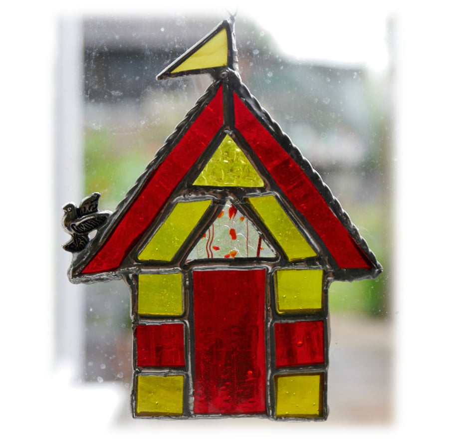 Beach Hut Suncatcher Stained Glass Red Yellow Seaside Holiday