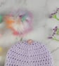 Lilac Crochet Baby Hat Newborn to 3 Months with Bobble Flower and Pastel Pom  - Image 6