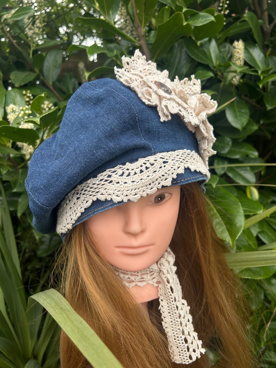 Women's Denim floral beret  - Upcycled 