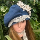 Women's Denim floral beret  - Upcycled 
