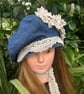 Women's Denim floral beret  - Upcycled 