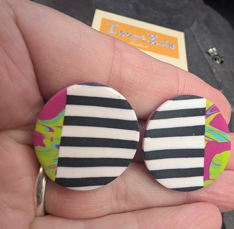 Monochrome stripe with pink and green marble effect clay stud earrings