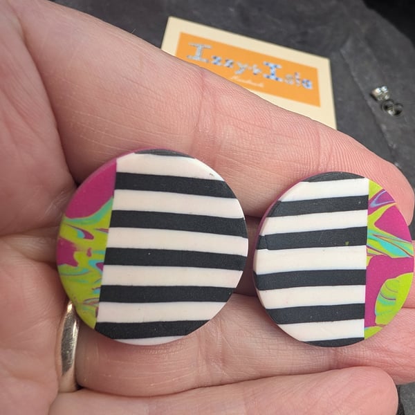 Monochrome stripe with pink and green marble effect clay stud earrings