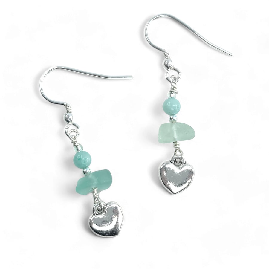 Heart Charm Earrings. Green Sea Glass & Amazonite Crystal Beads Silver Jewellery