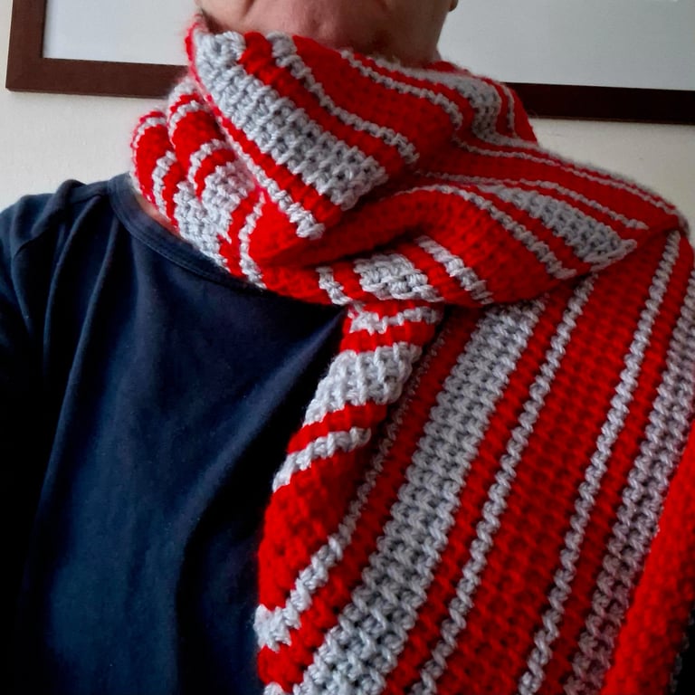 Asymmetric crocheted scarf in red and silver- grey