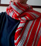 Asymmetric crocheted scarf in red and silver- grey