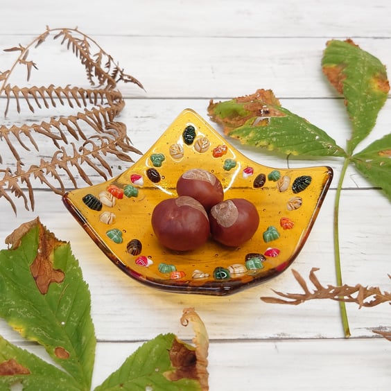 Amber Glass Trinket Dish with Autumn Leaf and Toadstools Detail