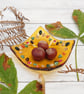 Amber Glass Trinket Dish with Autumn Leaf and Toadstools Detail