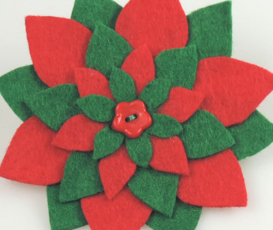 Christmas Star Flower Felt Brooch, Handmade in Red and Green ,Seasonal Gift, 