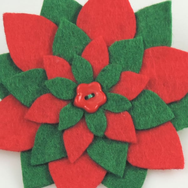 Christmas Star Flower Felt Brooch, Handmade in Red and Green ,Seasonal Gift, 