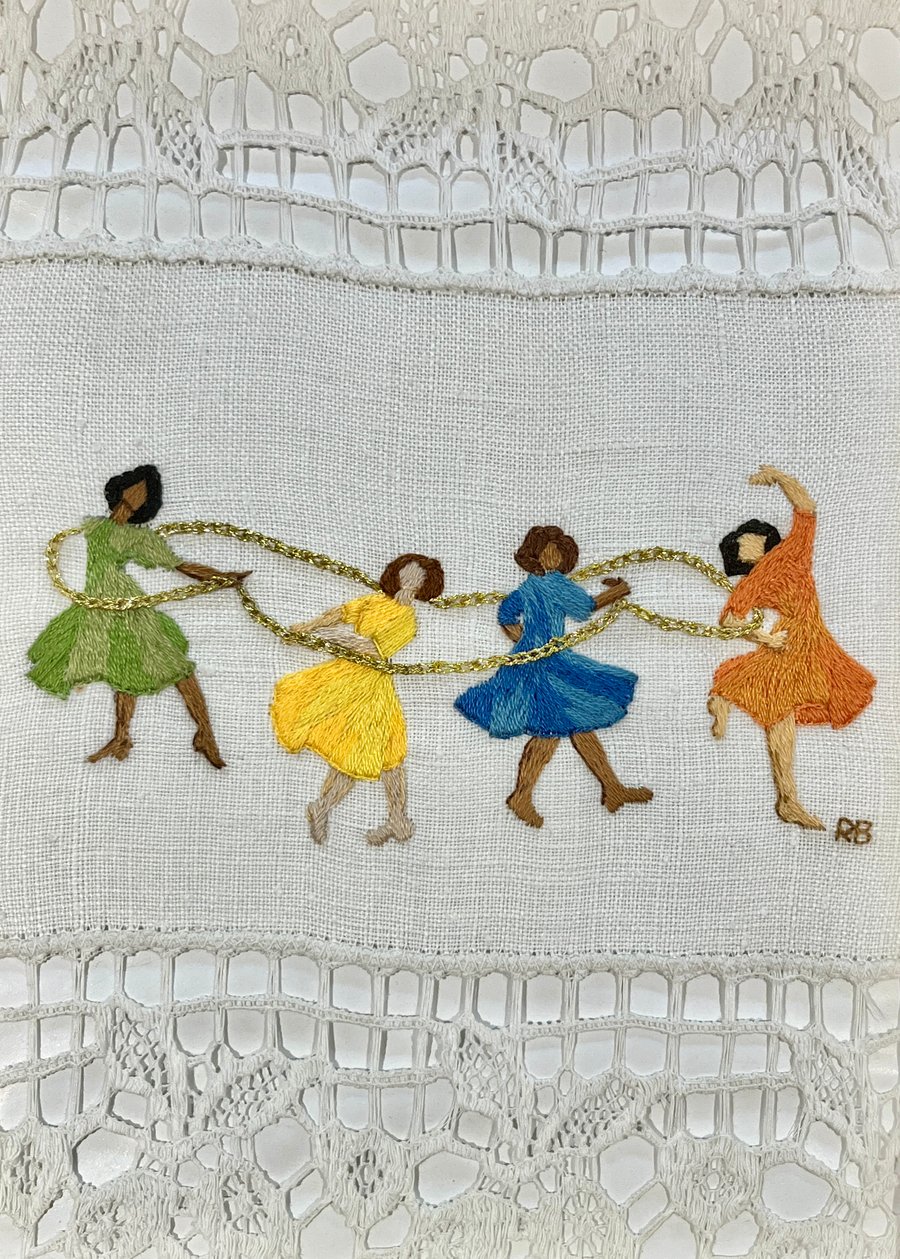 'Footsteps in Harmony' Hand stitched embroidery art on vintage fabric
