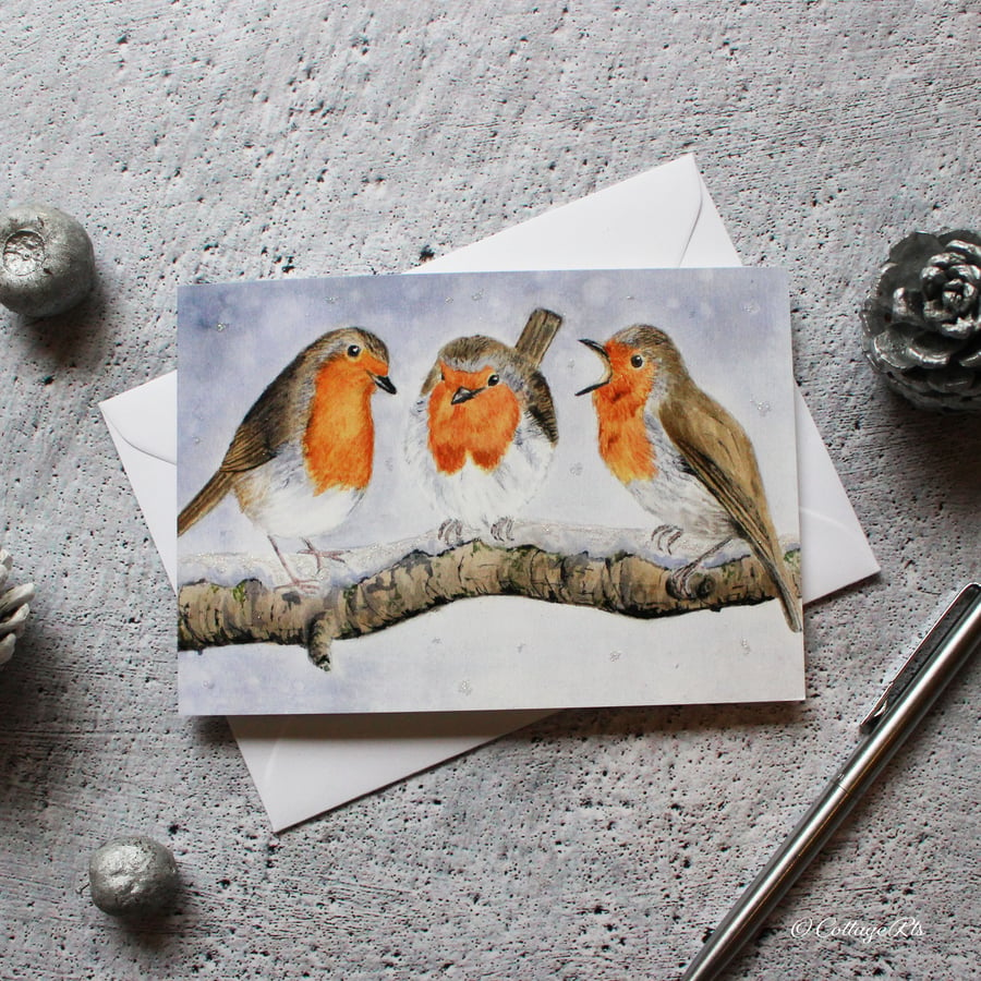 Three Robins Christmas Card - Watercolour Card - Hand Designed By CottageRts