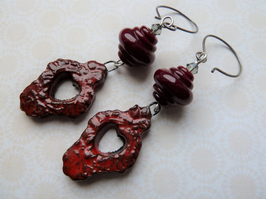 red gothic earrings, ceramic, steel and lampwork