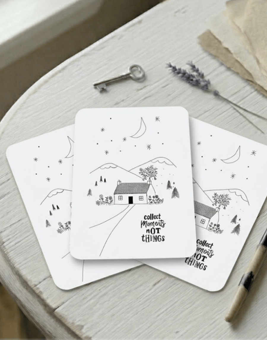 Collect Moments Not Things - Cottage Landscape Illustration Postcard & Art Card