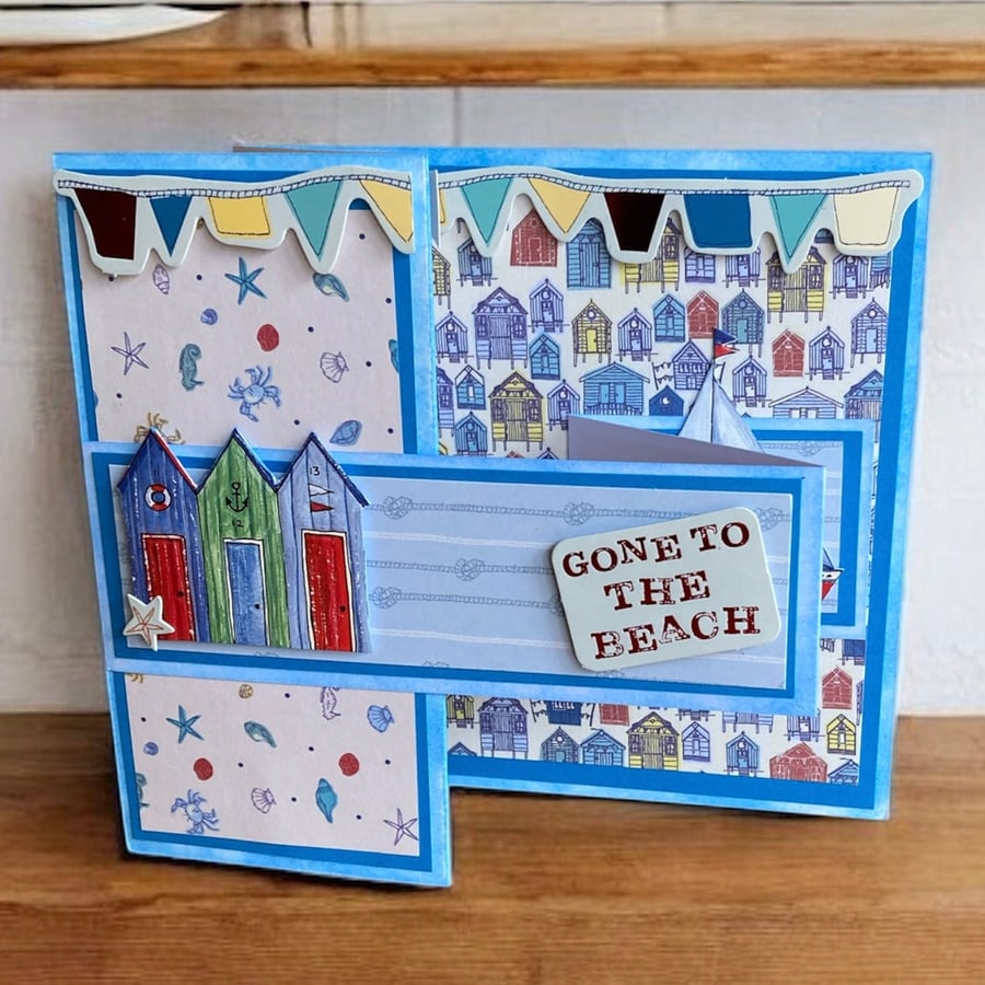 Beach Themed Z Fold Card with Beach Huts and Boats