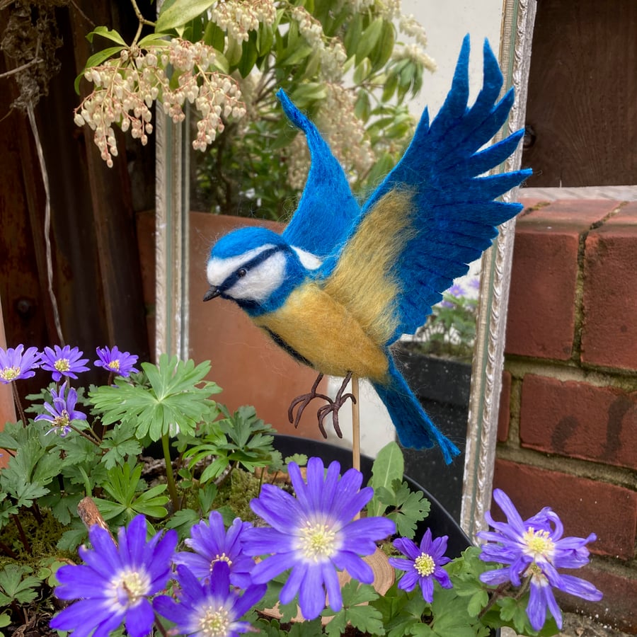 Needle felted Blue tit in flight