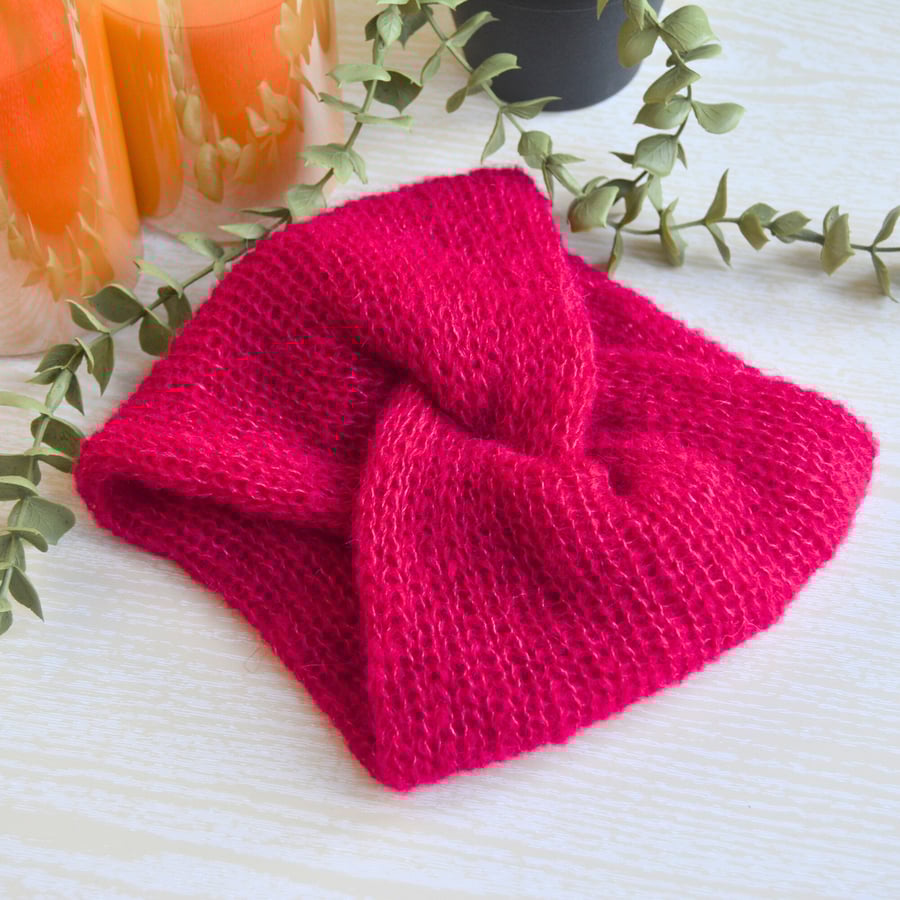 Knitted Headband Earwarmer Soft Alpaca Silk Crimson Red Ready Made
