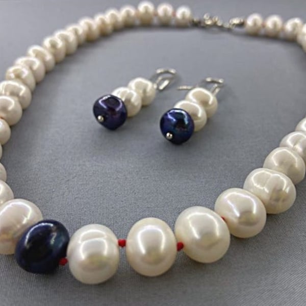 Hand Knotted Monochrome Cultured Pearl Necklace & Earrings Set Sterling Silver