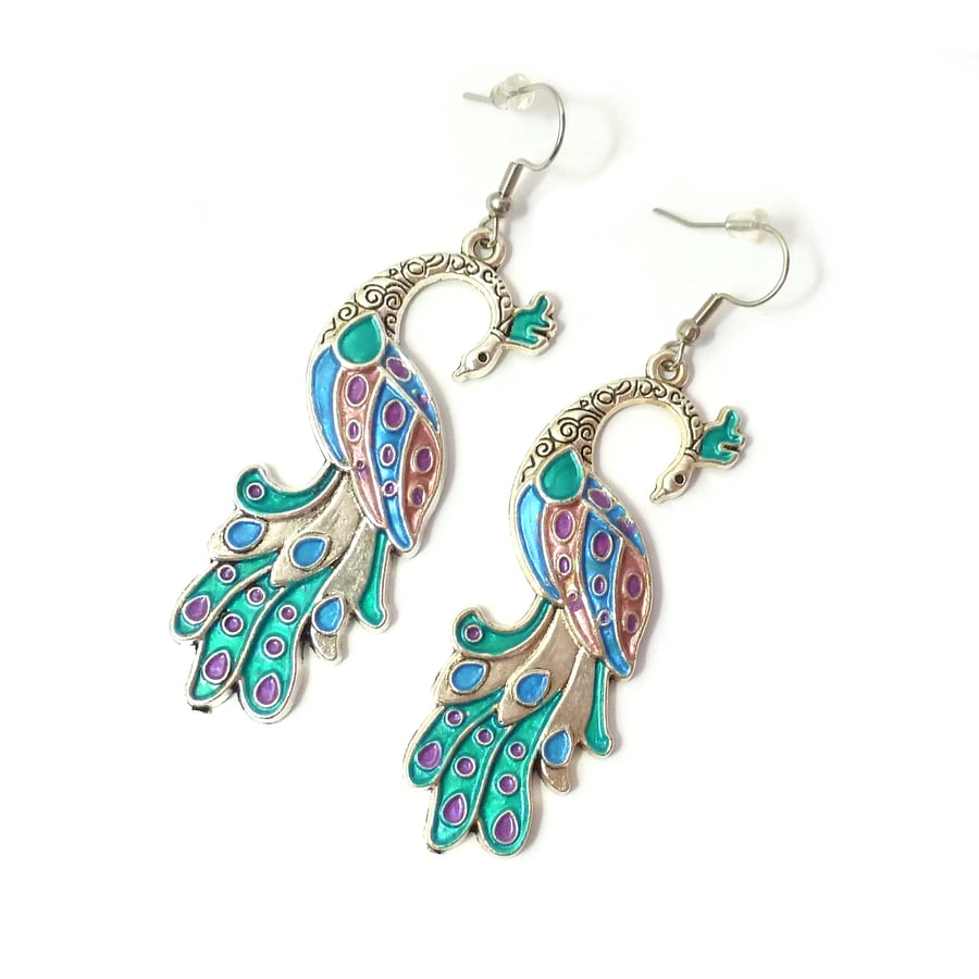 Bright peacock earrings, colourful statement earrings for women