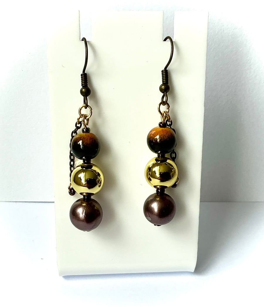 Beaded Drop Earrings with Chain Detail in Gold, Bronze and Brown Shades