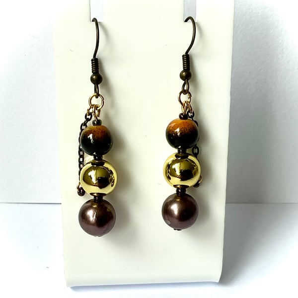 Beaded Drop Earrings with Chain Detail in Gold, Bronze and Brown Shades