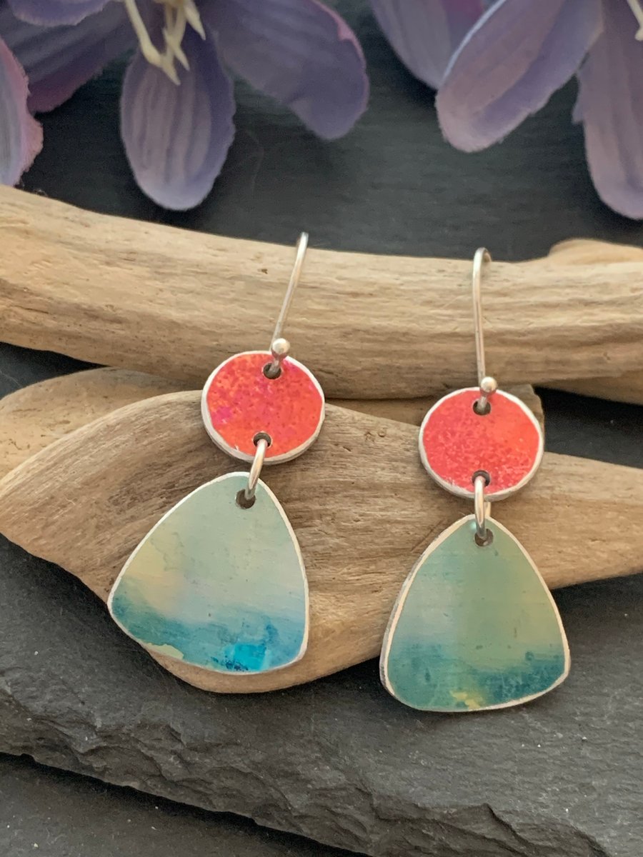 Water colour collection - hand painted aluminium earrings orange and pale teal